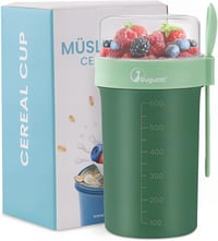 Bugucat Müzlis Pohár 760ml + 230ml Kanállal, Szorítható Joghurtos Reggeli Pohár Zöld 1