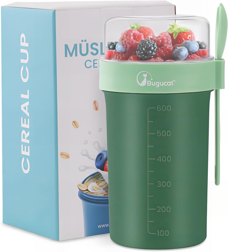Bugucat Müzlis Pohár 760ml + 230ml Kanállal, Szorítható Joghurtos Reggeli Pohár Zöld