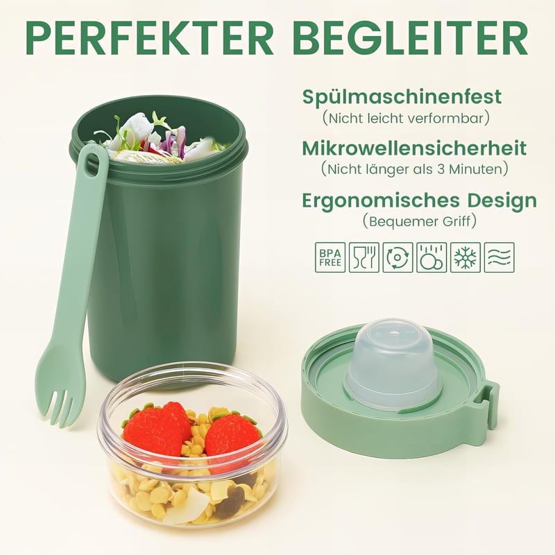 Bugucat Müzlis Pohár 760ml + 230ml Kanállal, Szorítható Joghurtos Reggeli Pohár Zöld