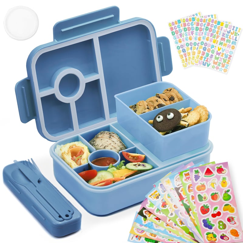 Bugucat Detský desiatový box s priehradkami 1300 ml, nepriepustný Bento box so 16 nálepkami a príborom, pre dievčatá a chlapcov