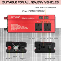 Menič napätia Builrand 2000W s čistou sínusoidou 12V na 230V, 3 USB, 3 AC zásuvky, 2 autozapaľovače, ambientné osvetlenie, menič napätia do auta na kempovanie 7