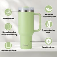 Termohrnček Bukaty so slamkou a rukoväťou 1,2 l (40 oz), vákuovo izolovaný nerezový hrnček s viečkom, prenosný pohár do auta na teplé a studené nápoje, svetlozelený 6