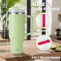 Termohrnček Bukaty so slamkou a rukoväťou 1,2 l (40 oz), vákuovo izolovaný nerezový hrnček s viečkom, prenosný pohár do auta na teplé a studené nápoje, svetlozelený 4