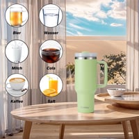 Termohrnček Bukaty so slamkou a rukoväťou 1,2 l (40 oz), vákuovo izolovaný nerezový hrnček s viečkom, prenosný pohár do auta na teplé a studené nápoje, svetlozelený 2