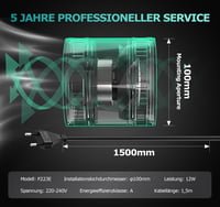 BUMSOU 100 mm állítható fordulatú csőventilátor 145 m3/h csendes inline elszívó dupla golyóscsapággyal fekete üvegház sátor garázs WC-hez 6