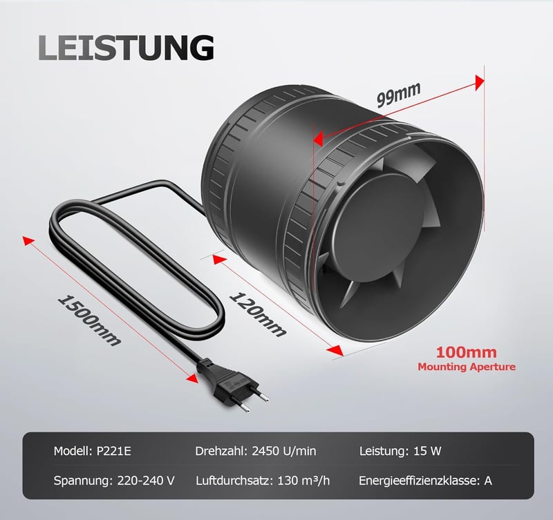 BUMSOU 100mm Csatornaventillátor Csendes Dupla Golyóscsapágy 32dB 130m³/h