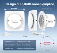 BUMSOU Tichý kúpeľňový ventilátor 100 mm - 130 m³/h, výkonné vetranie, IPX4, energeticky úsporný odsávací ventilátor do kúpeľne, kuchyne, garáže, pivnice 7