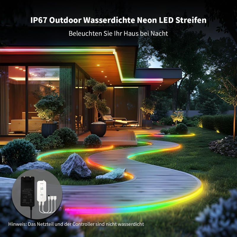 BUNACET Neon LED Szalag 16m RGB+IC Színváltós Vízálló IP65 Hajlékony Szilikon LED Csík Távirányítóval Beltéri Kültéri 2x8m
