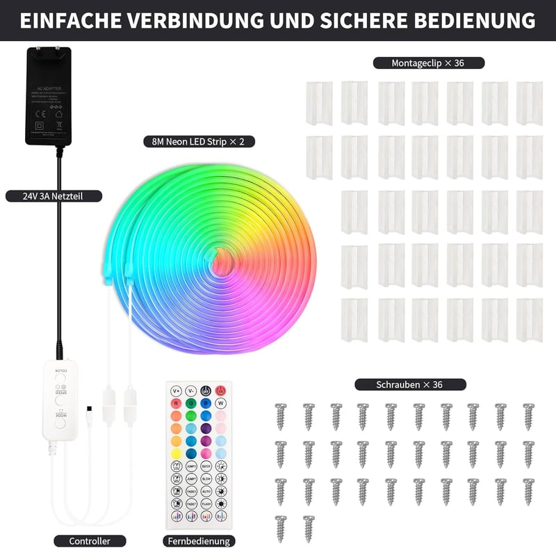 BUNACET Neon LED Szalag 16m RGB+IC Színváltós Vízálló IP65 Hajlékony Szilikon LED Csík Távirányítóval Beltéri Kültéri 2x8m