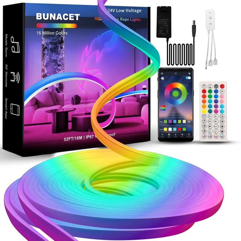 BUNACET Neon LED Szalag 16m RGB+IC Színváltós Vízálló IP65 Hajlékony Szilikon LED Csík Távirányítóval Beltéri Kültéri 2x8m