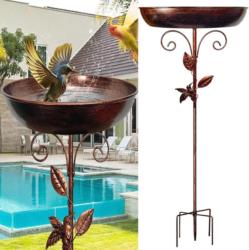 Burbesthete Adăpătoare pentru Păsări de Grădină, Stație 2 în 1 de hrănire și baie pentru păsări din metal, cu bază cu 5 gheare, Decor pentru terasă și grădină exterioară