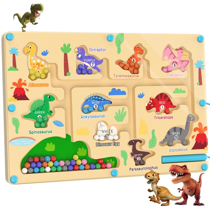 Magnetické bludisko BURMONG s dinosaurami, vzdelávacia hračka typu busy board, montessori drevená hračka pre deti od 3, 4, 5 a 6 rokov, triediaca hra na učenie čísel a farieb