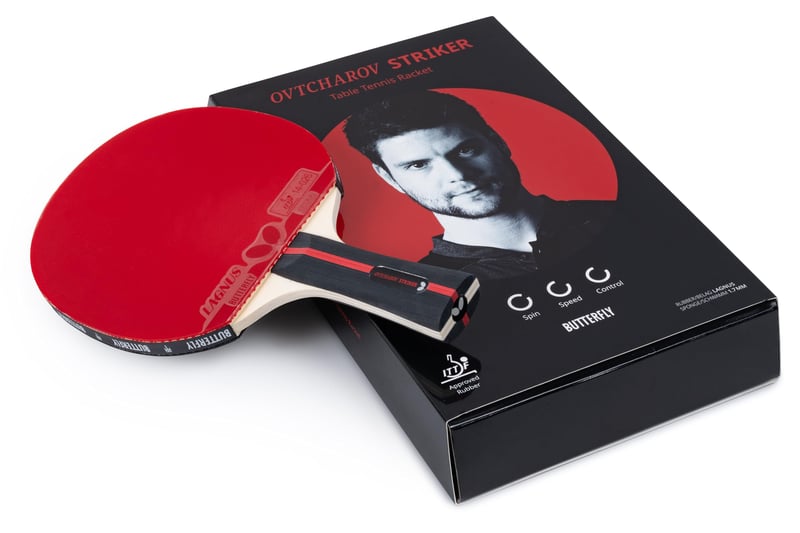 Rachetă de tenis de masă Butterfly Ovtcharov Striker - Fețe LAGNUS certificate ITTF 2,0 mm, lemn ofensiv cu 5 straturi, mâner concav, pentru joc orientat spre spin