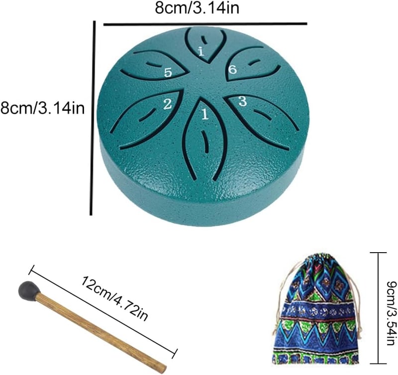 Butyeak Mini Tongue Drum - 6 Hangú Kézidob Szénacélból, 8 cm Átmérőjű Handpan Ütőhangszer Meditációhoz, Jógához, Zöld Színben