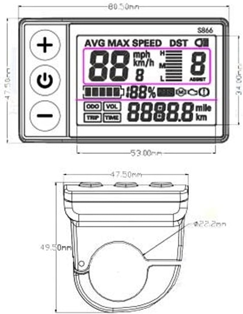BuyWeek S866 Elektromos Kerékpár LCD Kijelző - 24/36/48V Sebességmérő, Kilométeróra, Vízálló 5 Tűs Csatlakozó, 22,2mm Kormányra