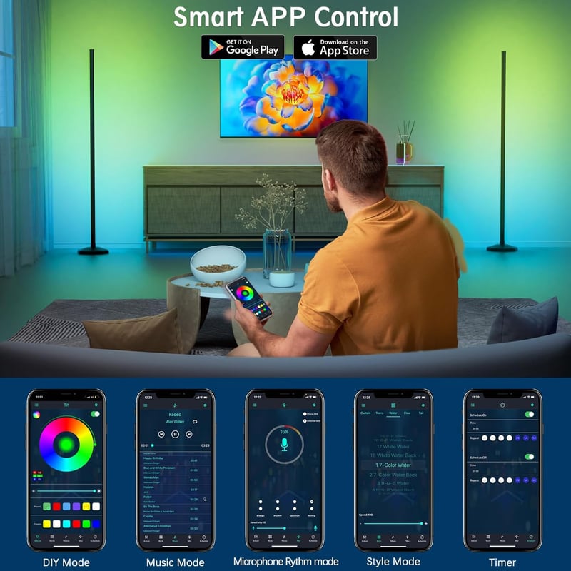 Buyya 165,5 cm LED álló lámpa RGB távirányítóval, app vezérléssel, színváltó, dimmelhető, zeneszinkron