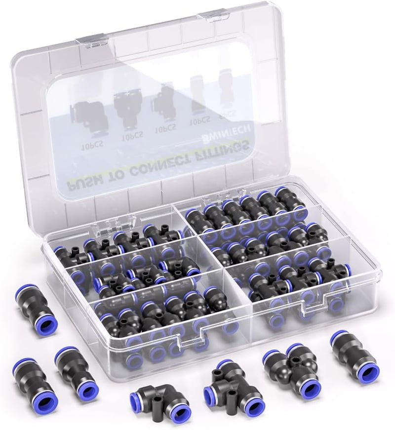 Bwintech 46 részes 6mm-es pneumatikus gyorscsatlakozó készlet - egyenes/könyök/T/elosztó és 4-6.4-8.6-8mm-es szűkítő csatlakozók PU/nylon/PE
