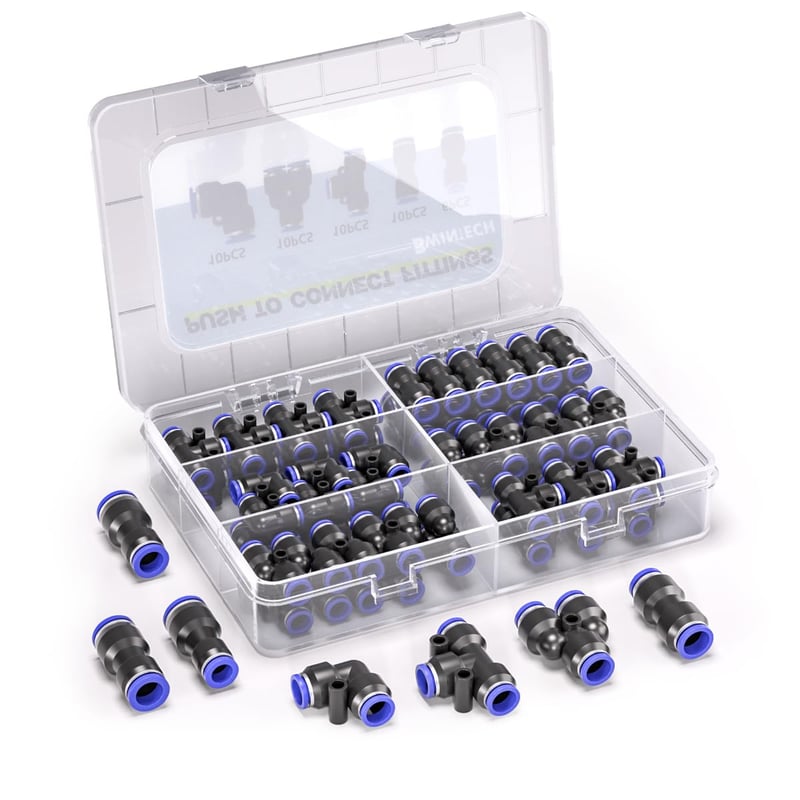Bwintech 46-dijelni set pneumatskih brzih spojnica 6 mm - ravne/koljeno/T/razdjelnik i redukcijski priključci 4-6.4-8.6-8 mm za PU/najlon/PE