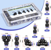 Bwintech 46 részes 6mm-es pneumatikus gyorscsatlakozó készlet - egyenes/könyök/T/elosztó és 4-6.4-8.6-8mm-es szűkítő csatlakozók PU/nylon/PE 2