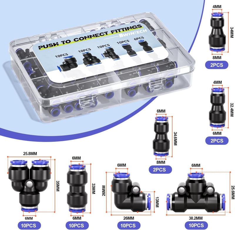 Bwintech 46 részes 6mm-es pneumatikus gyorscsatlakozó készlet - egyenes/könyök/T/elosztó és 4-6.4-8.6-8mm-es szűkítő csatlakozók PU/nylon/PE