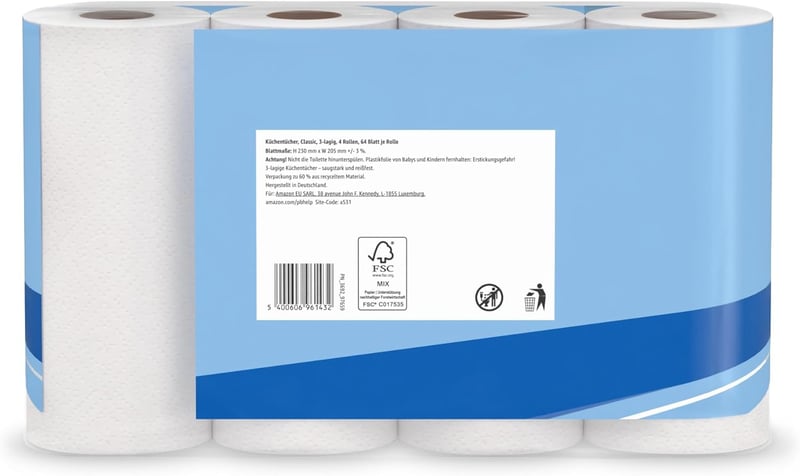 by Amazon Konyhai Papírtörlő 3 Rétegű 4 Tekercs 64 Lap FSC Tanúsított - 4 pieces (pack of 1)