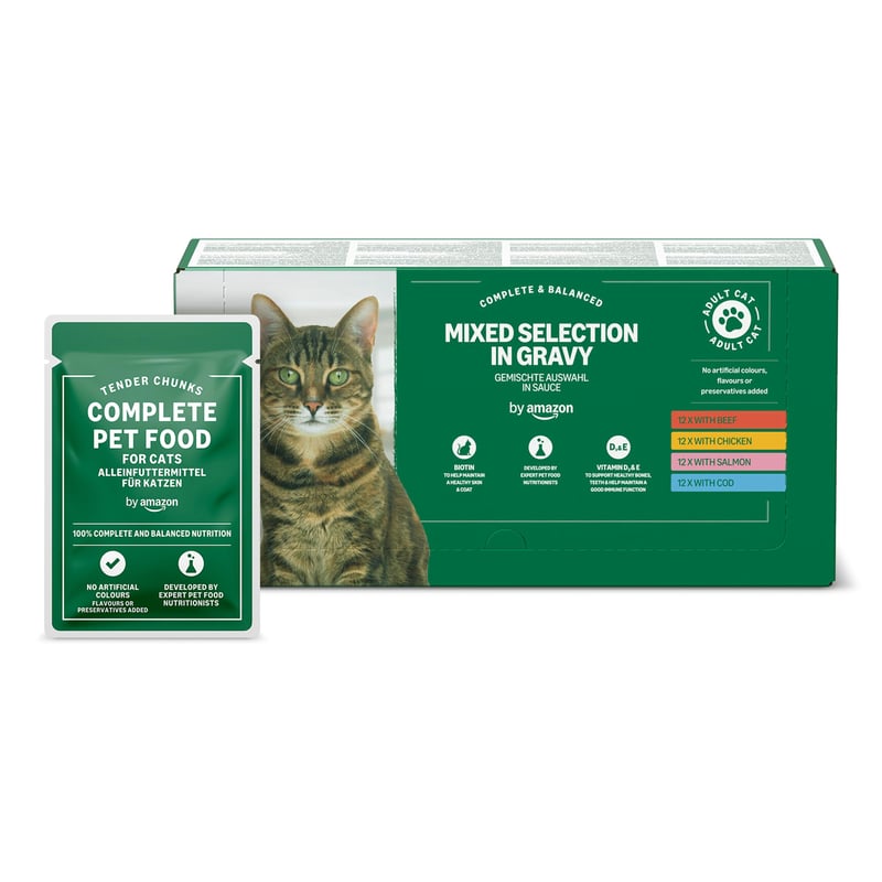 Hrană umedă pentru pisici adulte by Amazon, Selecție variată în sos, 48 x 100 g (4,8 kg)