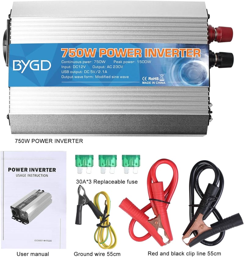 BYGD 750W/1500W Inverter 12V-230V Átalakító USB Portokkal