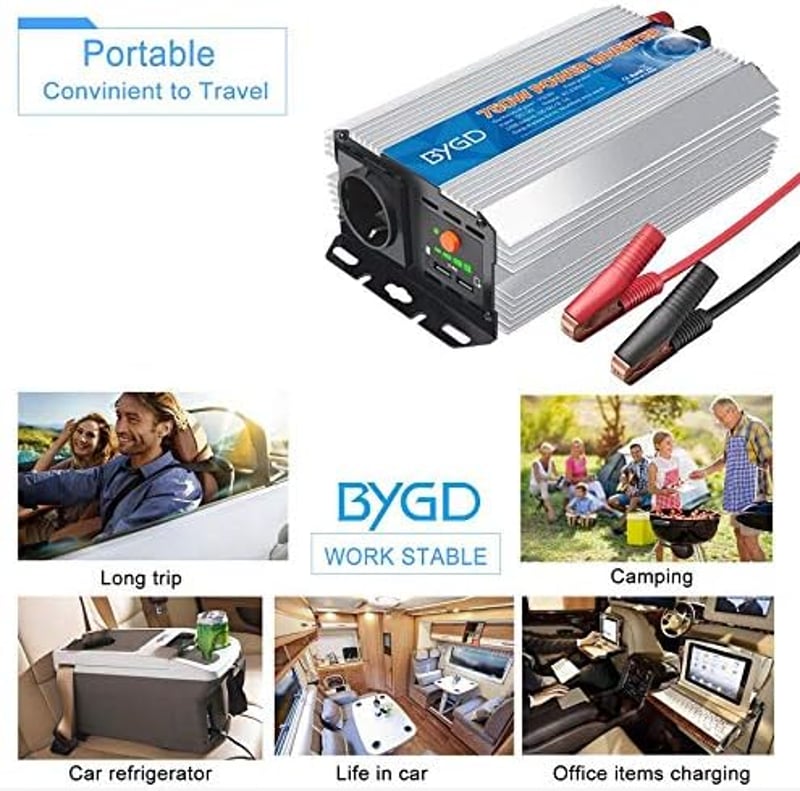 BYGD Feszültségátalakító 12V-ról 230V-ra 750W/1500W - Autós Inverter 2 USB Porttal, Szivargyújtó Csatlakozással