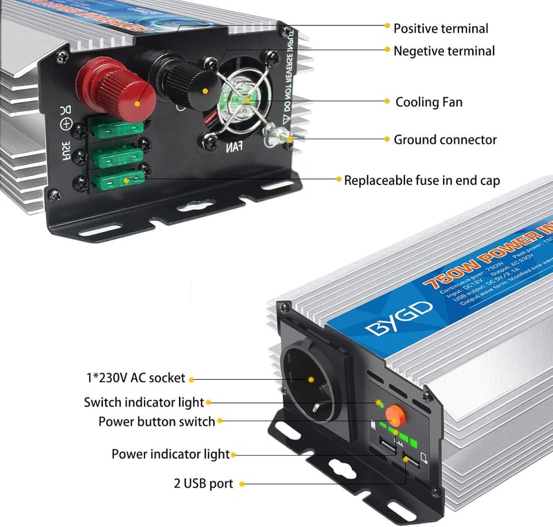 BYGD Feszültségátalakító 12V-ról 230V-ra 750W/1500W - Autós Inverter 2 USB Porttal, Szivargyújtó Csatlakozással