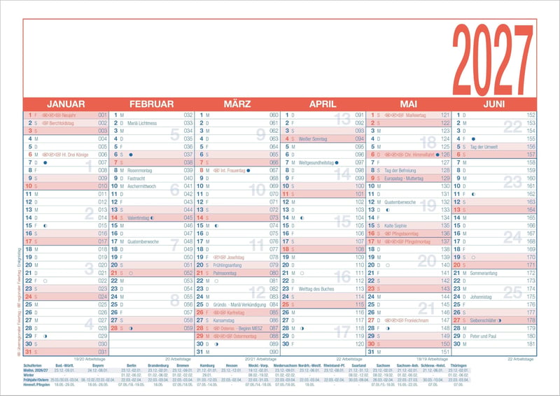 Calendar de lucru byNeumann 2027 A4 laminat - 29x21 cm, calendar de perete pentru birou, 6 luni/pagină, cu numărătoare a zilelor lucrătoare și a săptămânilor, prezentare generală a sărbătorilor și a zilelor libere