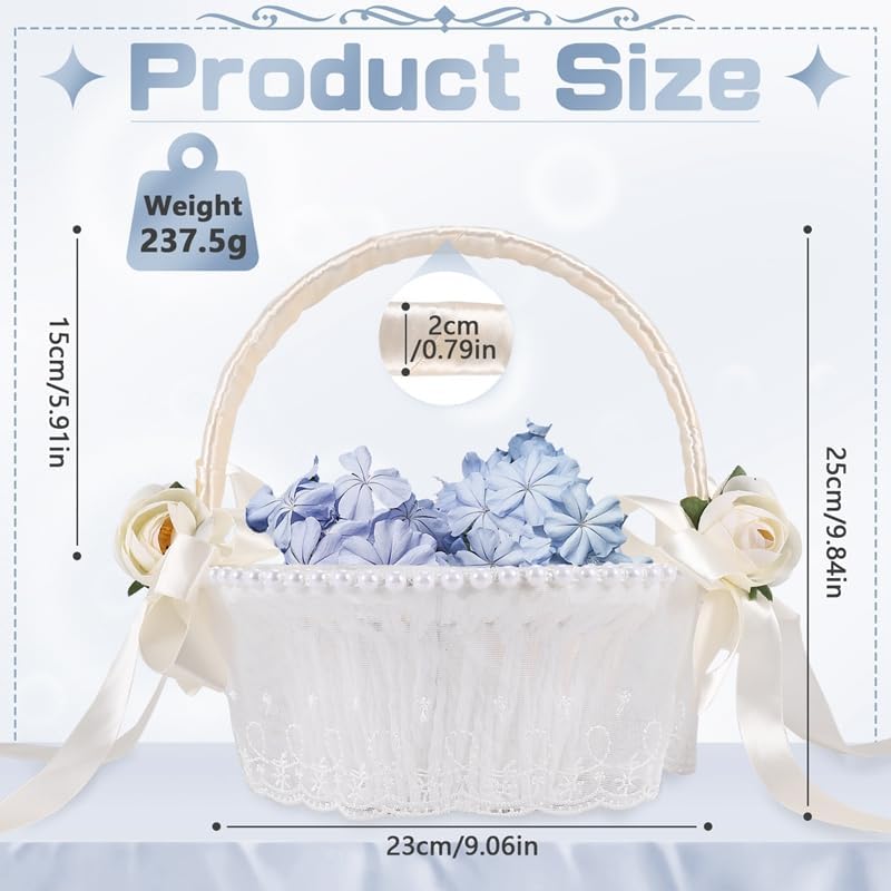 Bzocio Kézműves Virágkosár Esküvői Dekorációhoz - Kerek Luxus Tárolókosár Masnival, Fehér Szatén, 21,5x23,5 cm, Sziromszóró Kislányoknak