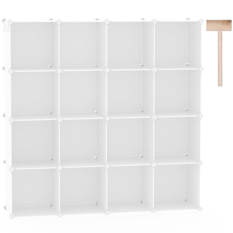 C&AHOME Policový regál v tvare kociek so 16 priehradkami, DIY modulárna plastová skriňa, mliečne biela, 122x31x122 cm, do spálne, obývačky, kancelárie