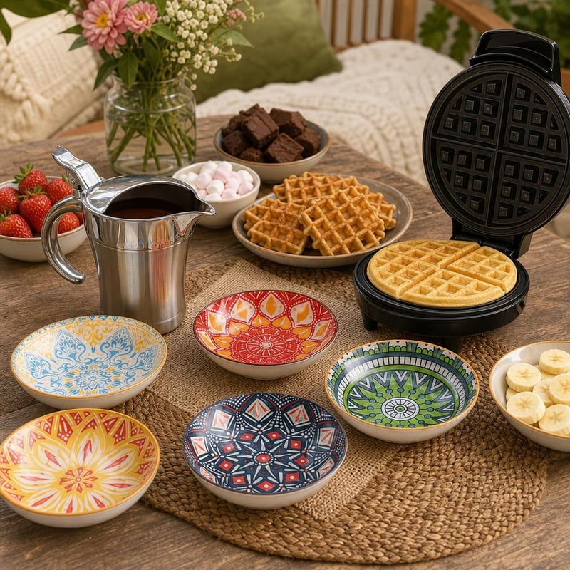 Súprava na čokoládové fondue: 6× miska + 1× nerezová nádoba na omáčku + 1× vaflovač