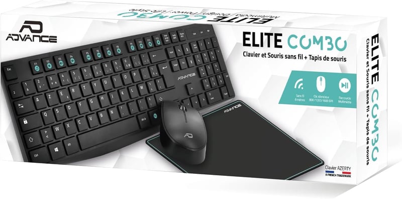 AD ADVANCE Elite Vezeték Nélküli Billentyűzet-Egér Szett - Fekete, 3 Részes Csomag, Ergonomikus, USB Csatlakozás, PC/Laptop/Tablet Kompatibi