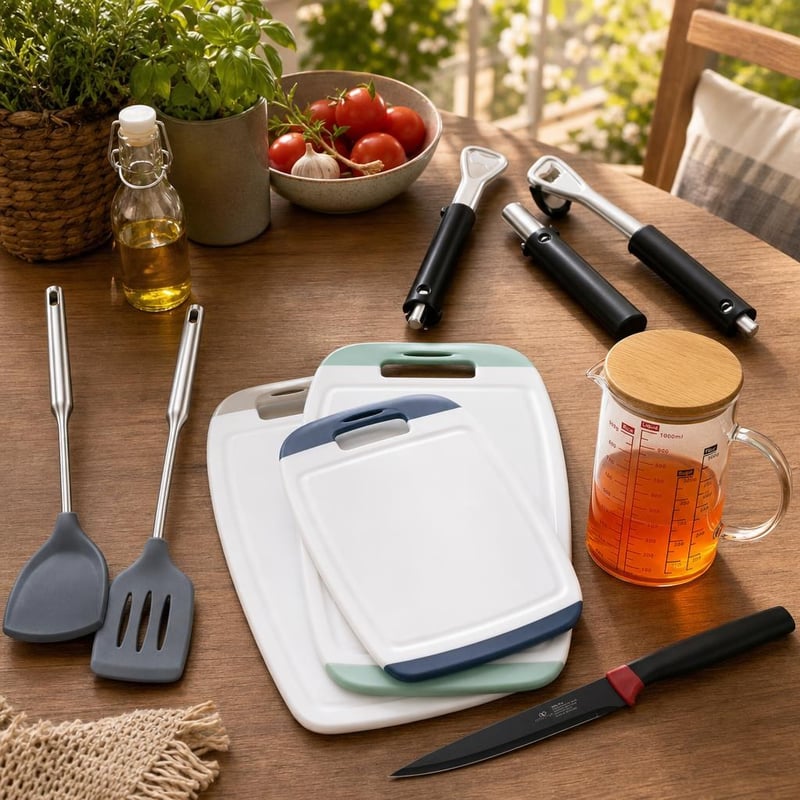 Konyhai túlélőcsomag: 2 db szilikon spatula + 2 db nyitó + 3 db vágódeszka + kés + mérőpohár