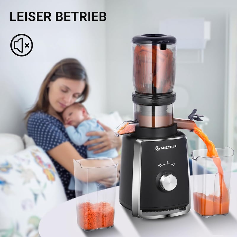 AMZCHEF Slow Juicer 103 mm Széles Adagolónyílással - 250W Hideg Préselésű Gyümölcs és Zöldség Facsaró 2 Szabadalmazott Szűrővel, Csendes Mot