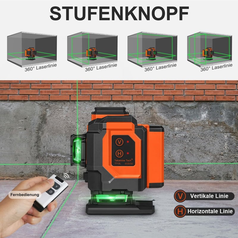TakamineTech 3x360° Zöld Lézeres Szintező - 12 Vonalas Önbeálló Lézerszintező Távirányítóval, Építkezéshez, Csempézéshez, Type-C Töltéssel