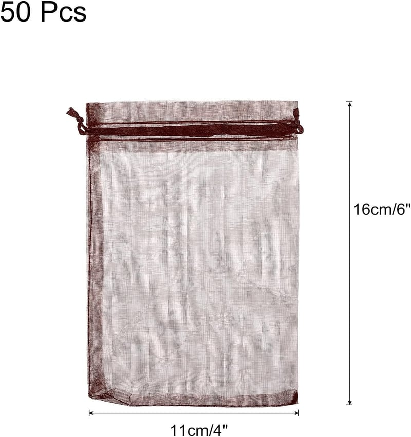 Barna organza ajándékzacskó 50db, 11x16cm, esküvőre, partira