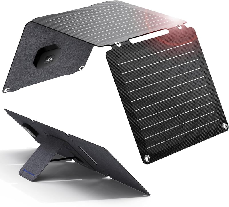 BigBlue Solarpowa 20W ETFE Összehajtható Napelemes Töltő, USB-A és USB-C Csatlakozóval, IP65 Vízálló, Állvánnyal, Mobiltelefon és Tablet Kom