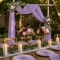 Set decor nuntă: 6 lumânări LED + draperie tul mov + 6 suporturi aurii + 50 carduri așezare 1