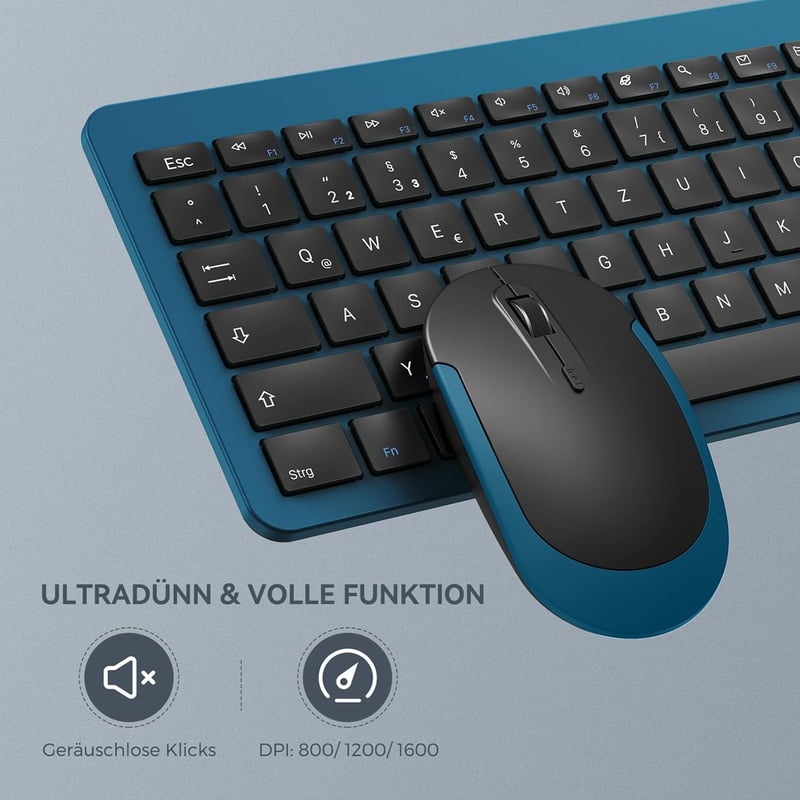 seenda SK38-3 Vezeték Nélküli Billentyűzet-Egér Szett, Ultravékony Tölthető, Ergonomikus, Szilikon Porvédővel, PC/Laptop/TV, QWERTZ, Fekete-