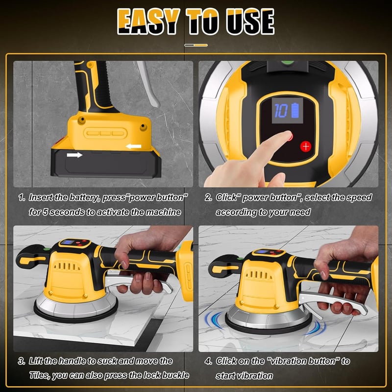 WingFly Elektromos Csempevibrátor Dewalt 18V/20V Akkumulátorhoz - 148mm Tapadókorong, 10 Fokozat, 160kg Teherbírás (Akkumulátor Nélkül)
