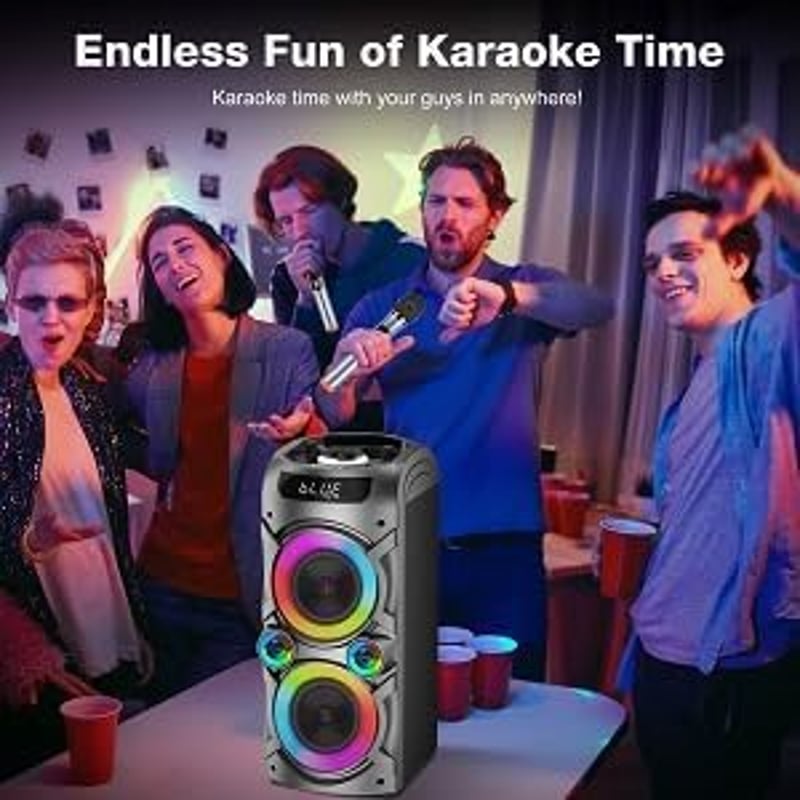 LANMEMG Karaoke Rendszer 2 Vezeték Nélküli Mikrofonnal - 100W Hordozható Bluetooth Hangszóró LED Fényekkel, Távirányítóval, USB/TF Kártya Tá