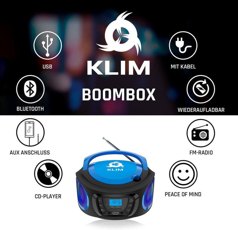 KLIM Boombox Hordozható CD Lejátszó - FM Rádió, Bluetooth, MP3, USB, AUX - Újratölthető Akkumulátor, Kompakt Kialakítás, RGB Világítás - Kék