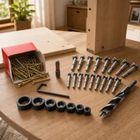 Sada na montáž nábytku: vrták + 8x doraz + 16x forstner + T40 bit + 250x skrutka 1