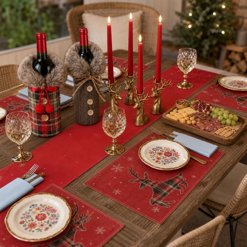 Adventi set za stol: nadstolnjak + 4 svijećnjaka + 6 podmetača + 25 salveta + 2 dekoracije + pladanj