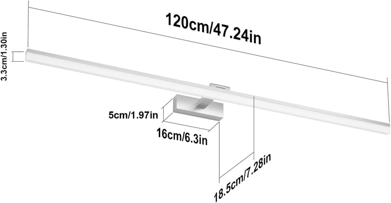 Klighten LED Tükör Világítás 32W 1820LM 6000K Hideg Fehér - 120cm Ezüst Fürdőszobai Fali Lámpa IP44 Vízálló 180° Forgatható Tükörlámpa