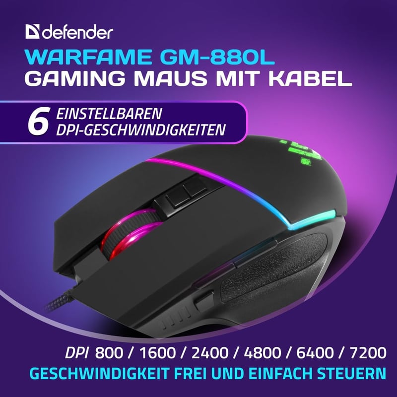 Defender Warframe GM-880L ergonomikus gamer egér, 12800 DPI, RGB, programozható gombok