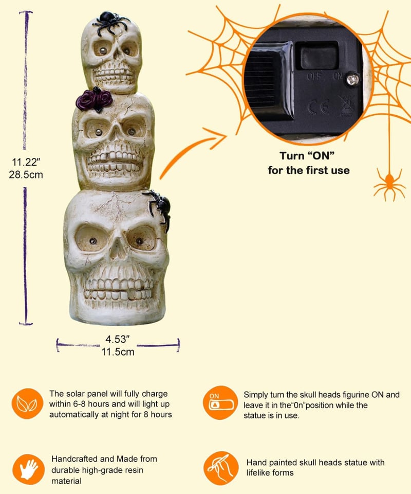 Yeomoo Napelemes Koponya Halloween Dekoráció - Kültéri/Beltéri Világító Koponya Pókhálóval - Kerti, Parti, Asztali Dísz Ajándék Fehér