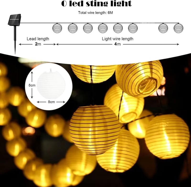 HUIYOU Napelemes Kerti Lámpásfüzér 6m 20 LED Meleg Fehér - IP65 Vízálló Kültéri Fényfüzér 8 Világítási Móddal Kertbe, Erkélyre, Esküvőre
